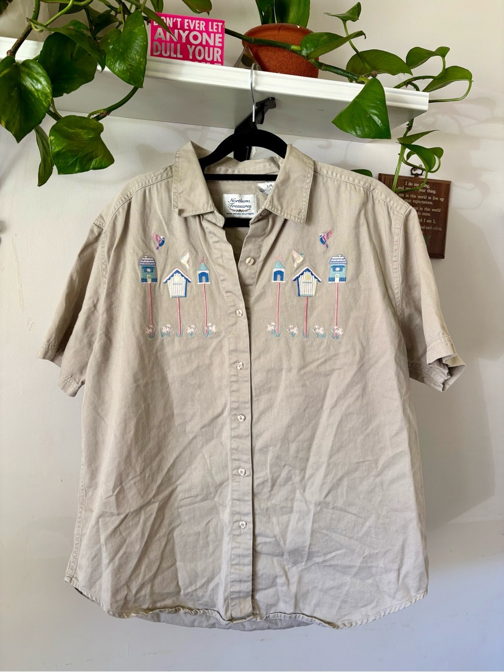 Beige Short-Sleeve Embroidered Camp Shirt